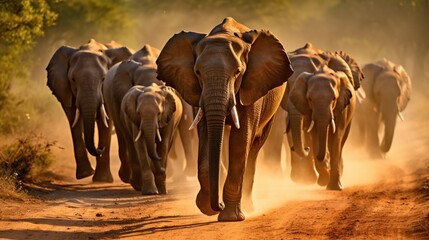 Fototapeta na wymiar a herd of elephants walking down a dirt road next to a forest. generative ai