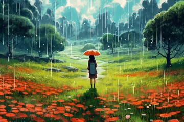 雨の降る赤い花畑に傘をさして佇む少女：AI作品
