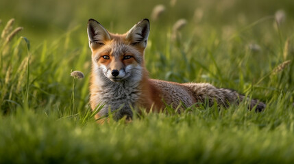 Mother Fox in Rolling Green Field. Generative ai.