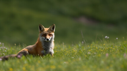 Mother Fox in Rolling Green Field. Generative ai.