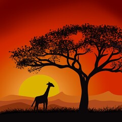 giraffe at sunset in Savanna landscape illustration 