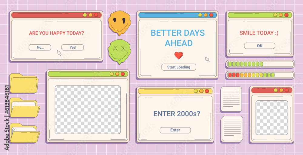 Poster trendy y2k set with retro computer windows with copy space, folders, loading indicators and document