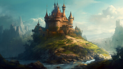 Old fairytale castle on the hill. Fantasy landscape illustration. Generative ai.