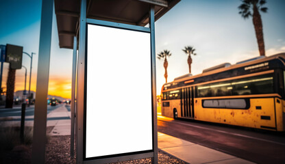 Blank Digital billboard mockup at bus stop, Blank vertical advertisement billboard for marketing ad display at bus stop, Blank Outdoor advertisement billboard in modern city, generative ai