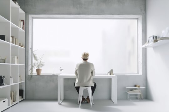 Back view of a man in a light room with the window. Loneliness, mental health, self-exploration concept