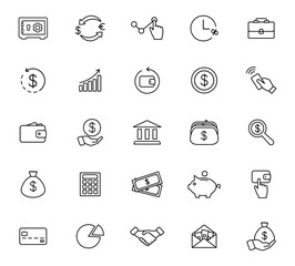 Finance icon set. Line icons money, payments, business and bank. Thin outline icons finacial collection. Vector illustration.