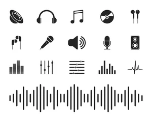 Fotobehang Music icon set. Audio icons. Microphone, headphone, speaker, equalizer etc. Vector illustration. © Anya
