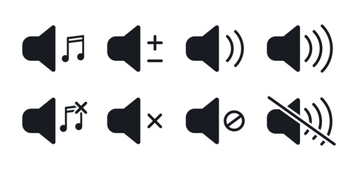Sound volume icon set. Volume icons. Speaker icon. Volume control on off. Vector illustration.