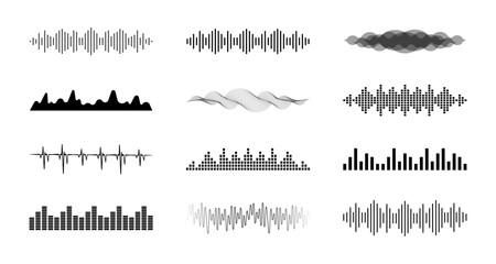 Sound waves set. Equalizer. Audio digital signal. Voice sound wave. Motion sound wave. Music elements for design audio player.