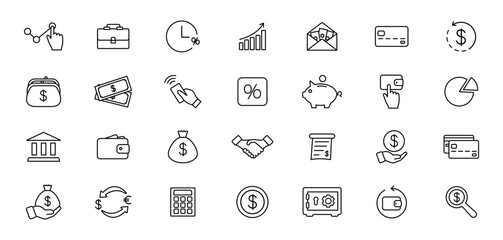 Finance icon set. Line icons money, payments, business and bank. Thin outline icons finacial collection. Vector illustration.