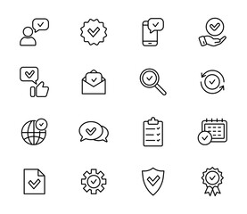 Approve and Check mark line icon set. Line icons accepted, verified, guarantee, confirm, checklist. Thin outline icons approval collection. Vector illustration.