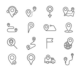 Location line icon set. Geolocation icons. Pointer, map, pin etc. Thin line icons. Vector illustration.