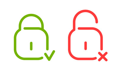 Lock and unlock icons. Padlock with check mark and cross. Open and closed padlock. Protection and security lock. Vector illustration.