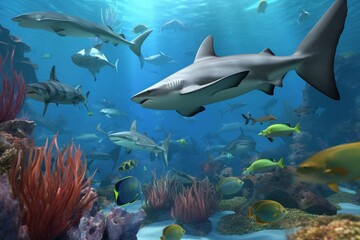 Obraz premium A detailed illustration of a group of fish, such as sharks or tropical fish, in a colorful and lively underwater environment, Generative AI
