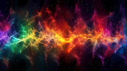 ネットワークグリッドのような火花。火花のように刻々と変化するネットワーク構造。ネットワークを形成する色とりどりの火花や弧のような虹GenerativeAI