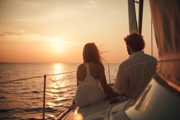 Fototapeta na wymiar Beautiful couple looking sunset from the yacht. Generative Ai