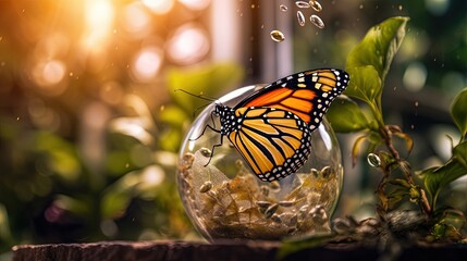 Fototapeta na wymiar a butterfly that is sitting inside of a glass bowl of water. generative ai