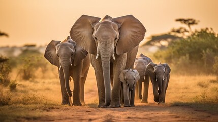 Fototapeta na wymiar a herd of elephants walking down a dirt road with trees in the background. generative ai