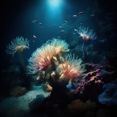 Naklejka na ściany i meble an underwater scene with sea anemones and corals. generative ai