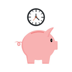Time saving concept. Clock and piggy bank vector illustration in flat style isolated on white background