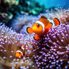  an orange clownfish in an anemone sea anemone.  generative ai - obrazy, fototapety, plakaty