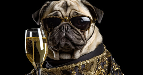 Cool pug dog wearing sunglasses and having champagne in glass on dark background. Party and funny Cheers