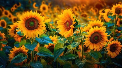 Fototapeta na wymiar a field of sunflowers with the sun shining through the leaves. generative ai