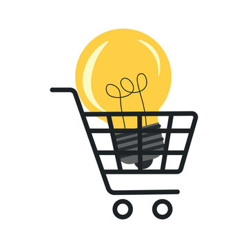 Shopping cart with light bulb. Creative idea concept, light bulb inside a shopping trolley