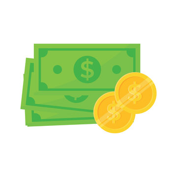 Dollar bills and gold coins. Green paper money and golden dollars flat vector illustration isolated on white background