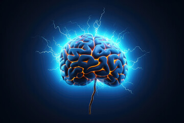 Human brain digital illustration.Flashes and lightning, electrical activity on a blue background.Generation A