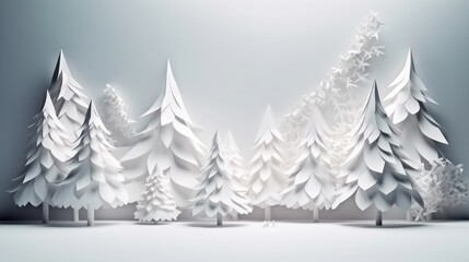 Obraz premium christmas trees and pine trees made of paper, paper arts and crafts, in a snowy and white environment. ai generative