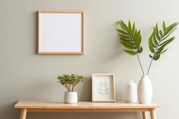 Mock up of picture canvas frame with small plants in vase in background, ai generative