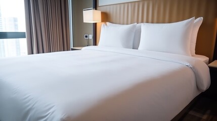 bed with white pillows in hotel, ai generative