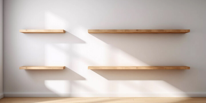 Empty wood shelves in bright clean room with white wall, Generative AI