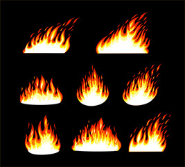 Fire flat icons and pictograms set isolated on black background for danger concept or logo design. Set of red and orange fire flame. Collection of hot flaming element. Idea of energy and power.