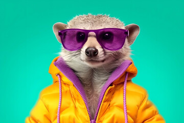 The anthropomorphic playful mongoose wears a yellow jacket and purple glasses. Generated AI.