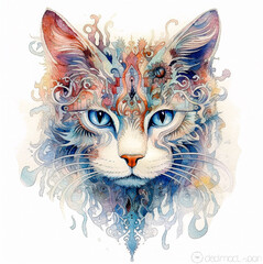 Watercolor, inky illustration of a colorful cat head, intricate design.