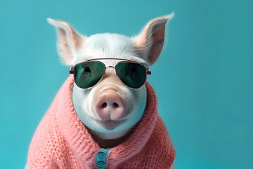 Pig in a pink sweater and sunglasses. Minimal concept of clothing, style and fun, generated AI.
