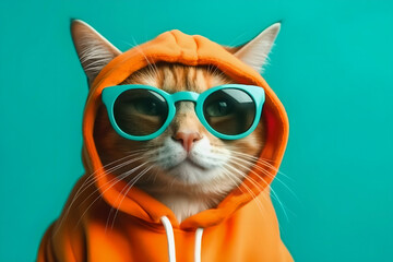 A cool cat in an orange hoodie and sunglasses looks directly at the camera. Playful portrait of a cat. Generated AI.