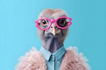 Funny funny ostrich in shirt, sweater and rose-colored glasses looking at the camera, Generated AI.