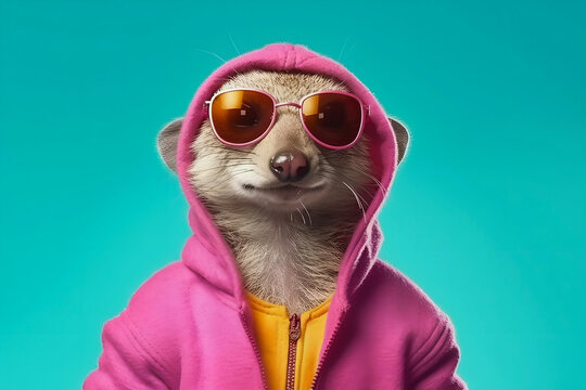 Playful funny mongoose in clothes wearing a pink hoodie and sunglasses. Generated AI.