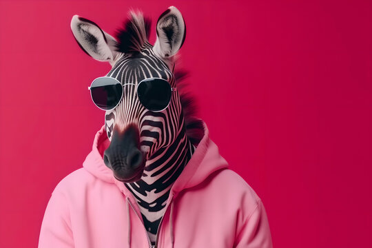Anthropomorphic zebra wearing glasses and a pink hoodie looking at the camera. The creative concept of fashion and fun is minimal. Generated AI.