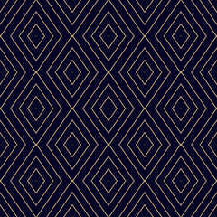Vector golden geometric texture. Elegant seamless pattern with linear diamonds, rhombuses, thin lines. Abstract black and gold graphic ornament. Art deco style. Trendy background. Luxury repeat design