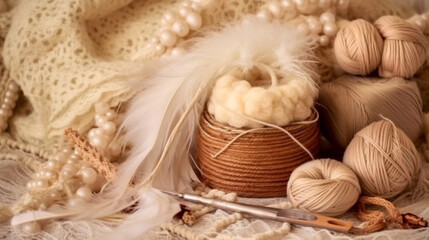 knitting for a newborn, crochet. booties, top view on a soft beige background, tenderness, knitting needles, wool, lace ribbon and feathers,AI generated