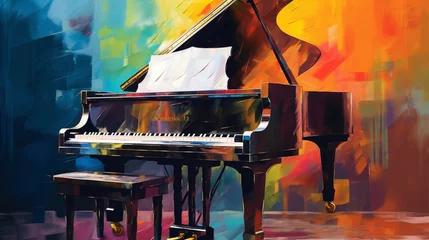 Fotobehang 芸術的なカラフルな背景を映し出すグランドピアノからの音楽。油絵風の芸術的な背景で、蓋を開けたグランドピアノGenerativeAI © enopi