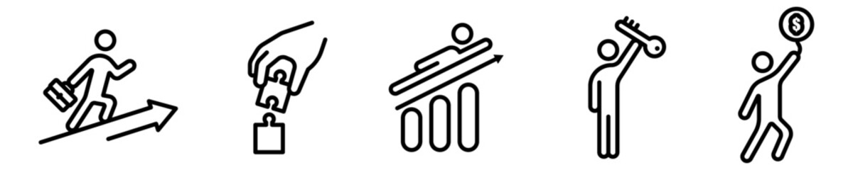 Conjunto de iconos de éxito empresarial. Crecimiento, ganancias, misión, objetivo. Concepto de negocio. Ilustración vectorial