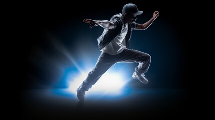 Fototapeta na wymiar Modern style dancer jumping in the dark with lights on background. Generative AI
