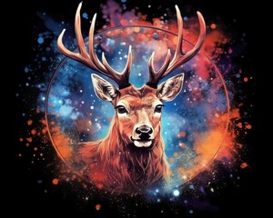art deer in space . dreamlike background with deer . Hand Drawn Style illustration
