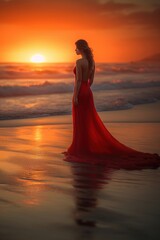 Fototapeta na wymiar Girl in a red dress on the beach at sunset. Generative AI