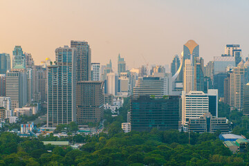 Aerial view Bangkok city Lumpini public park with office building urban background